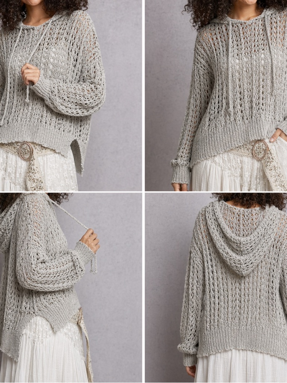 POL Openwork Knit Hooded Sweater in Gray, Size L, New - Picture 2 of 12
